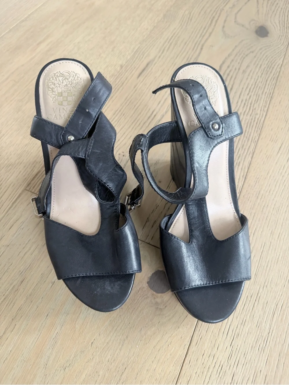 Vince Camuto Black Leather Strappy Open-Toe Heels